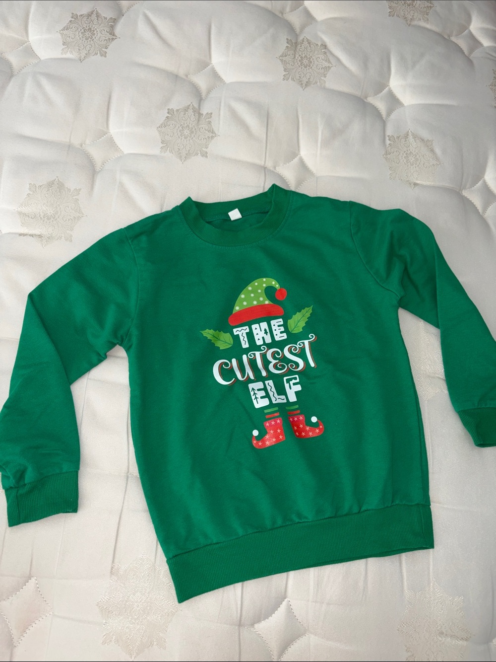 Green 'The Cutest Elf' Kids Holiday Sweatshirt